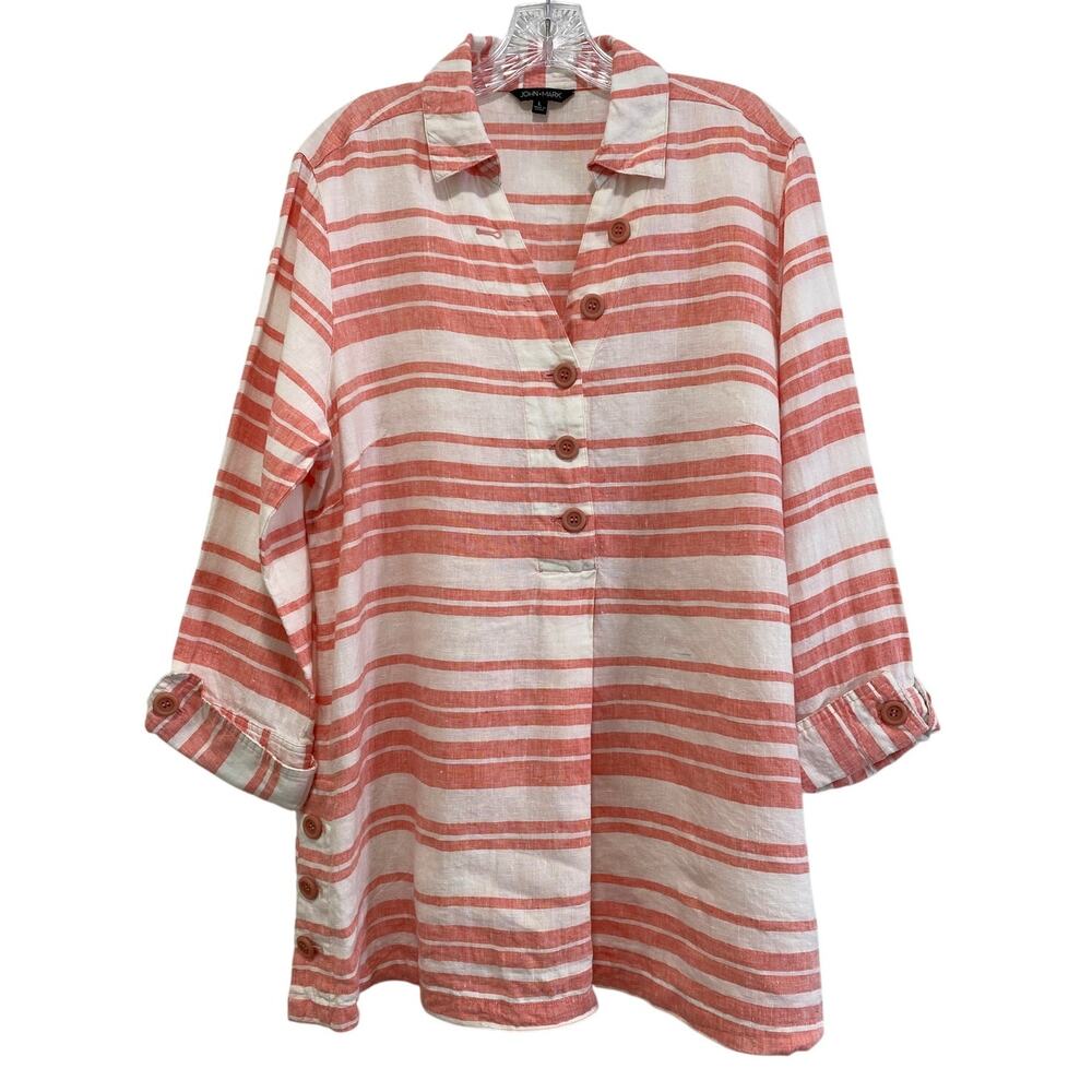 John Mark Womens Size L Striped‎ 100% Linen Tunic Top Coral Beach Vacation Boho